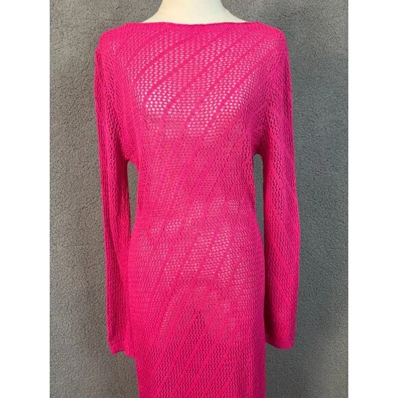 Pink Long Sleeve Crochet Knit Dress Sheer Cover-Up Size Medium New Without Tag's - Picture 2 of 7